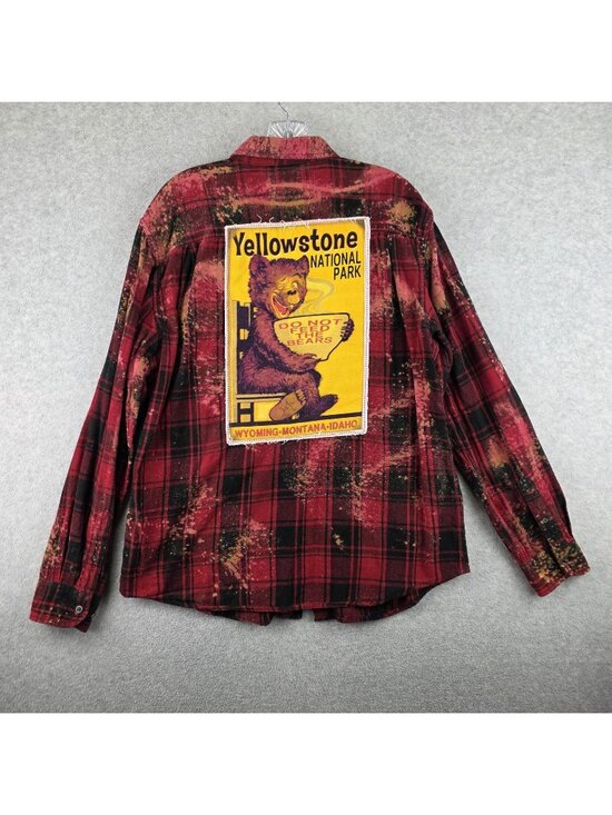 Angry Minnow Vintage Other - Angry Minnow Flannel Shirt Mens L Red Plaid Yellowstone Bear Patch Distressed